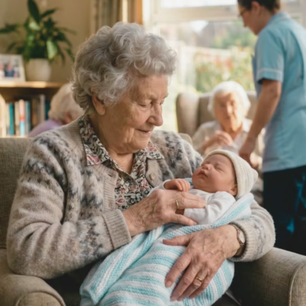 Elderly woman in an aged care home gently holding a realistic baby doll for comfort and emotional connection