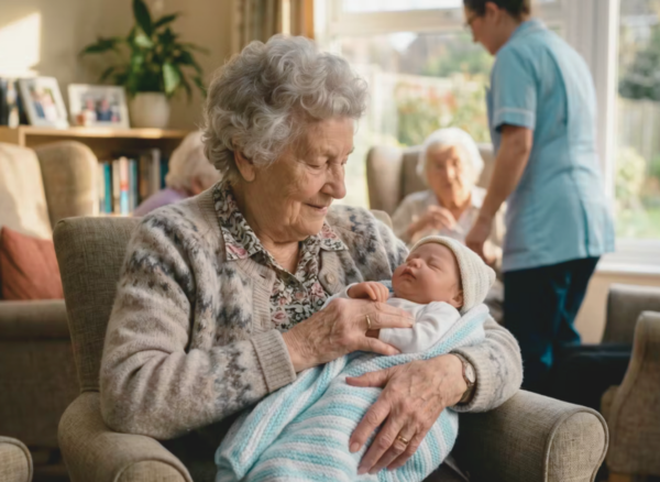 Elderly Woman Holding Realistic Baby Doll in Aged Care Setting | Nurtura Elderly woman in an aged care home gently holding a realistic baby doll for comfort and emotional connection