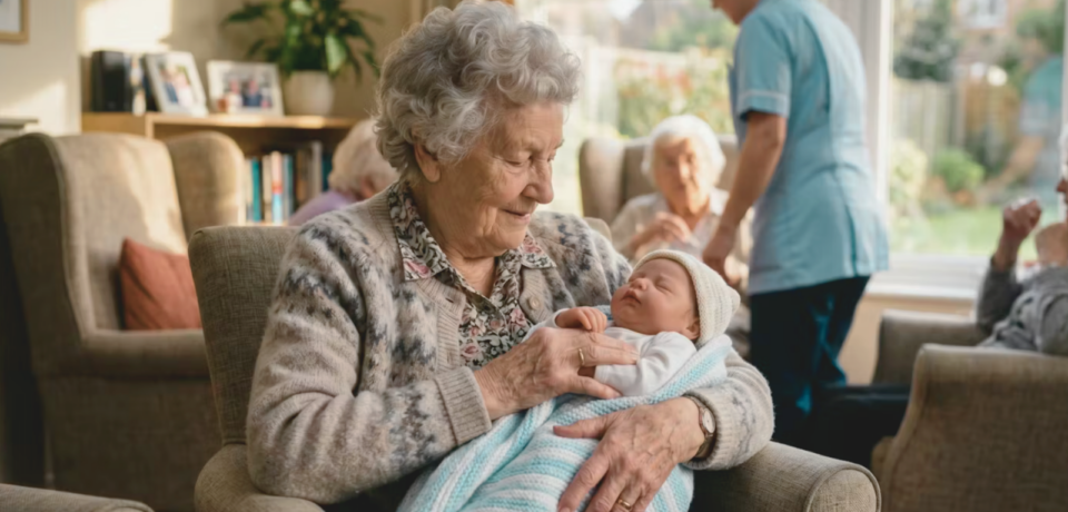 Elderly woman in an aged care home gently holding a realistic baby doll for comfort and emotional connection