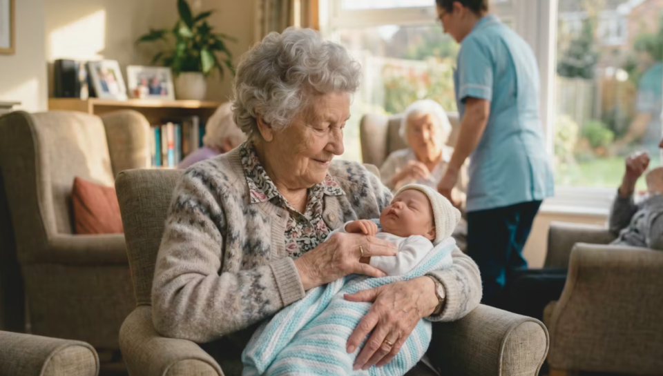 Elderly woman in an aged care home gently holding a realistic baby doll for comfort and emotional connection