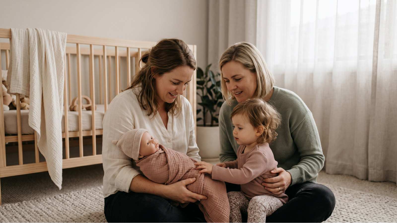 Family sitting together with a toddler and realistic baby doll, practising gentle interaction and learning about a new sibling