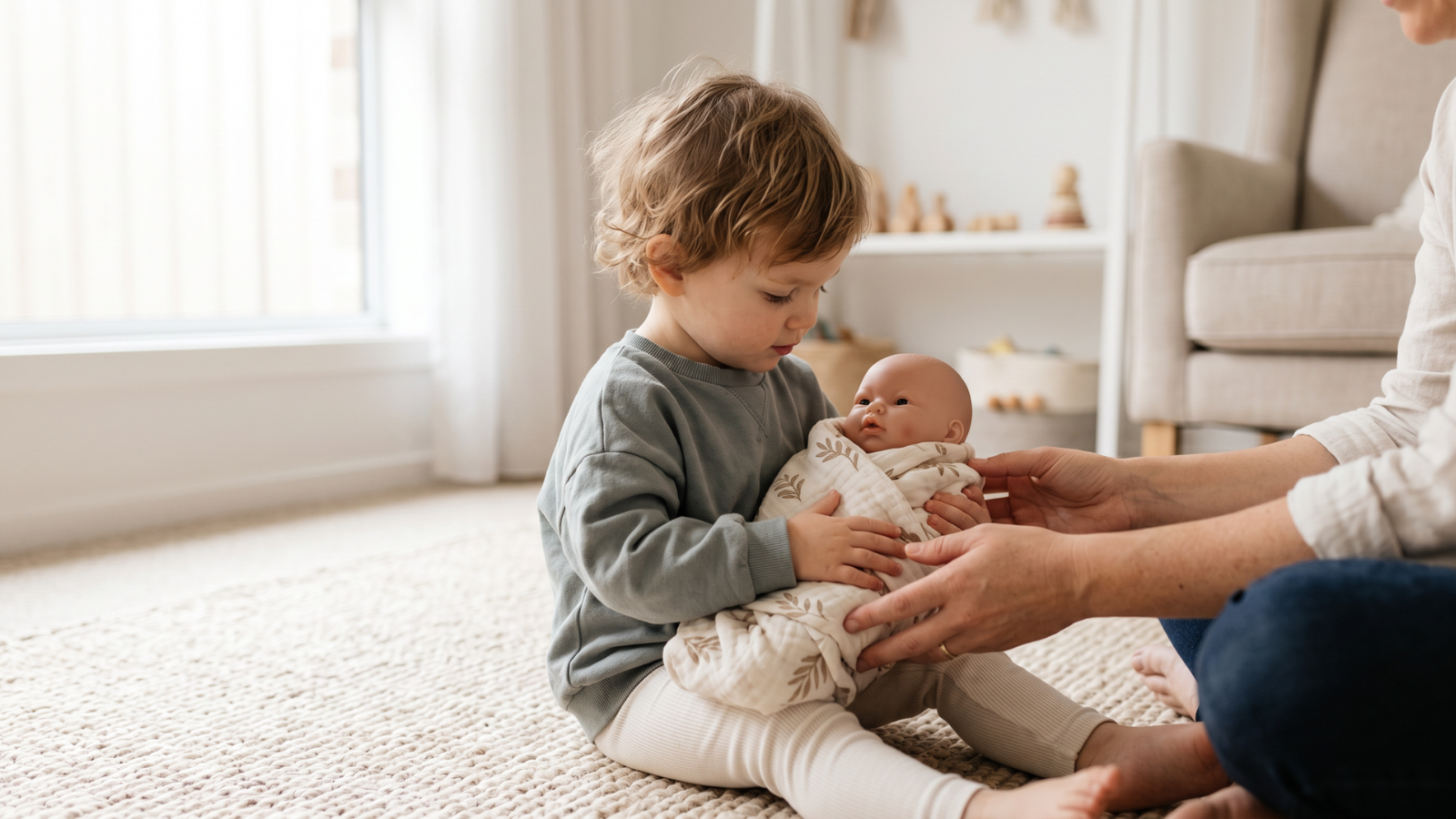 Toddler gently holding a realistic baby doll while learning how to support a new baby through simple role play