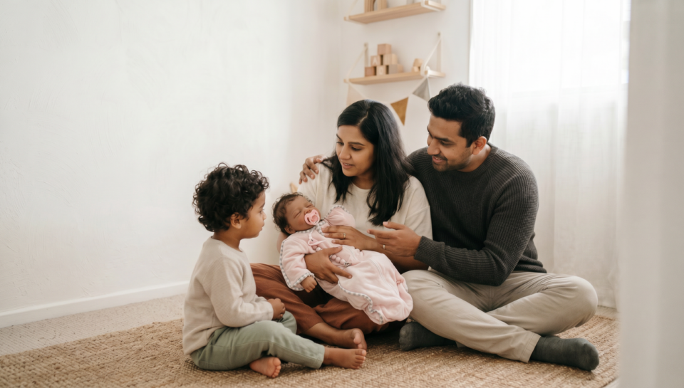 Toddler sitting with parents and a realistic baby doll, representing a new sibling introduction through gentle role play