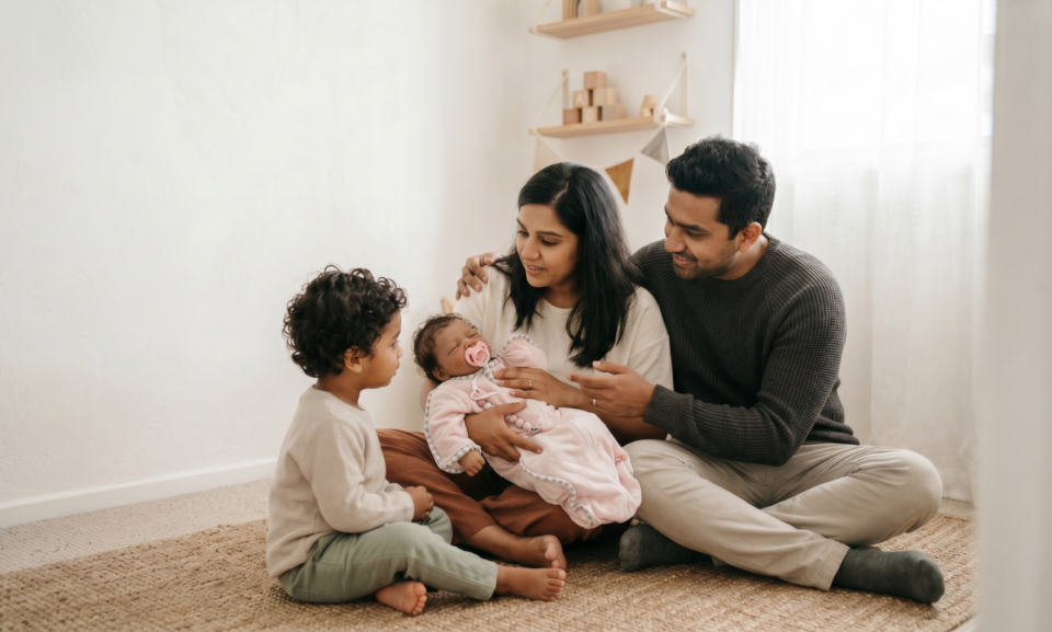 Toddler sitting with parents and a realistic baby doll, representing a new sibling introduction through gentle role play