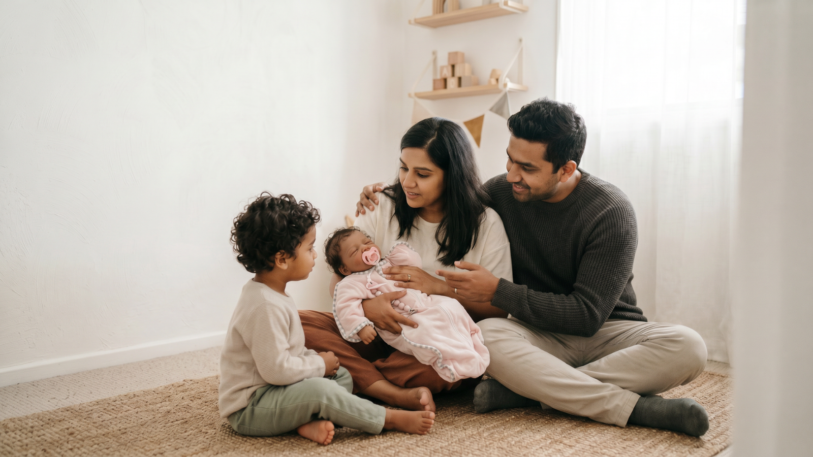 Toddler sitting with parents and a realistic baby doll, representing a new sibling introduction through gentle role play
