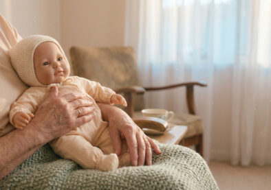 Nurtura baby doll therapy and aged care banner with a realistic comfort doll in a calm, dignified setting