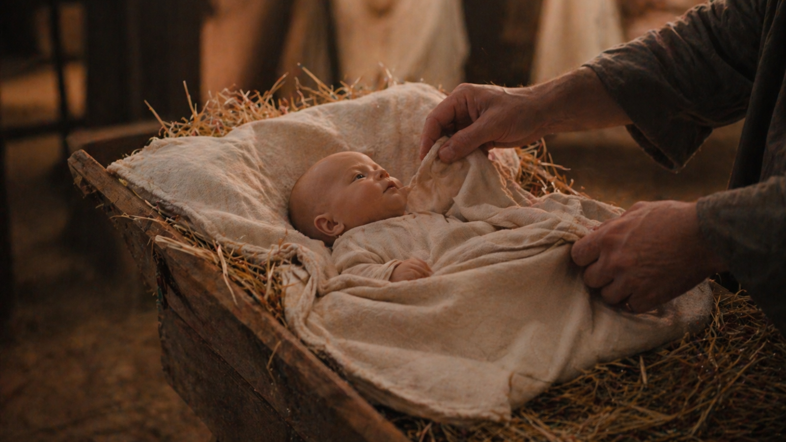 ALT TEXT Realistic baby Jesus doll placed in a nativity scene manger
