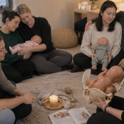 Childbirth education group using realistic baby dolls in a guided community program setting
