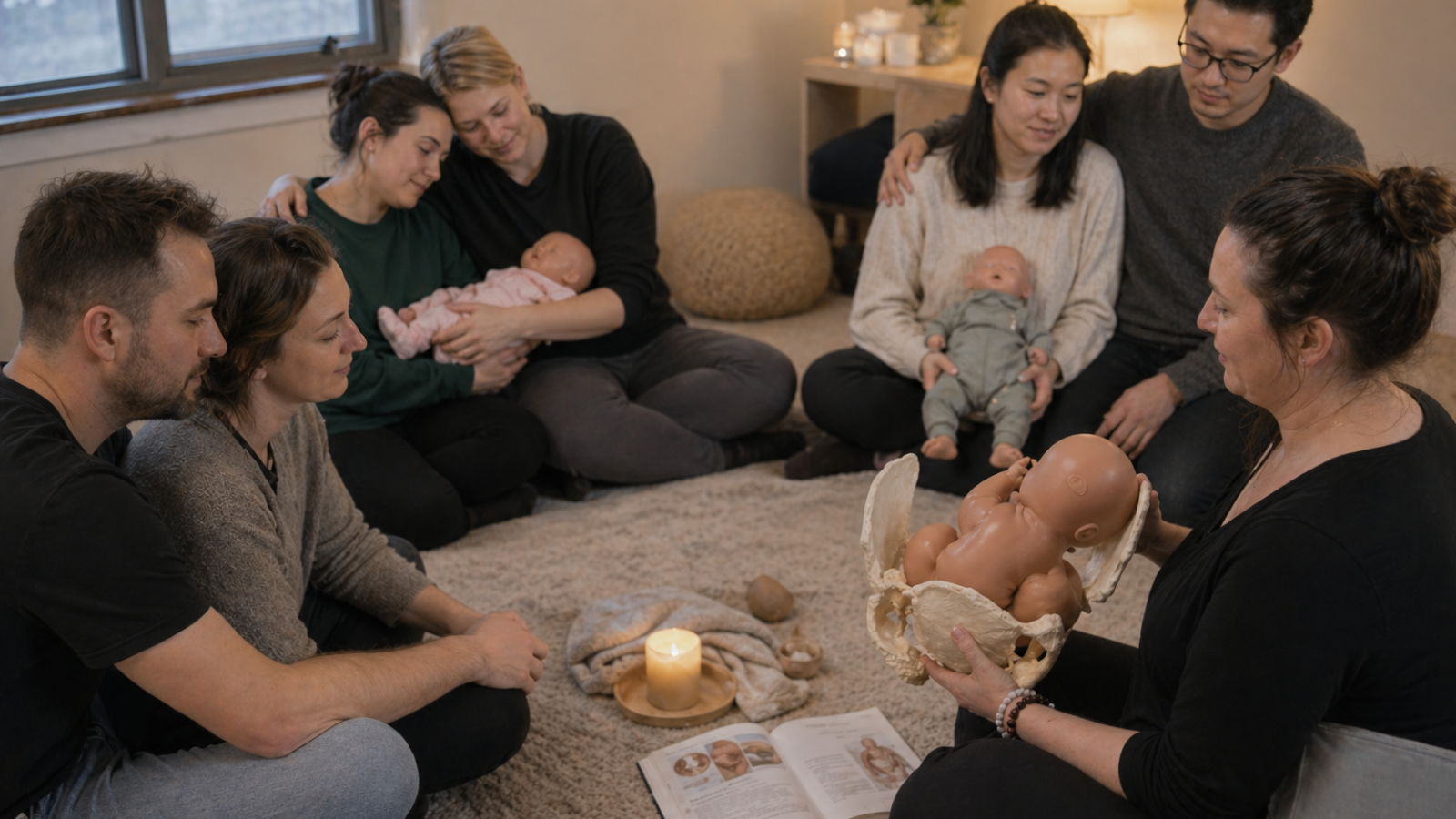 Childbirth education group using realistic baby dolls in a guided community program setting