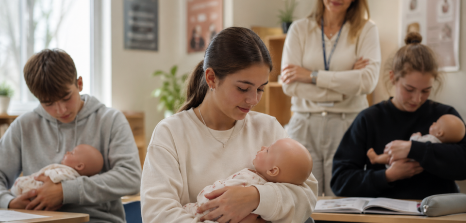 Educational dolls for schools used by students in a classroom for early parenting education