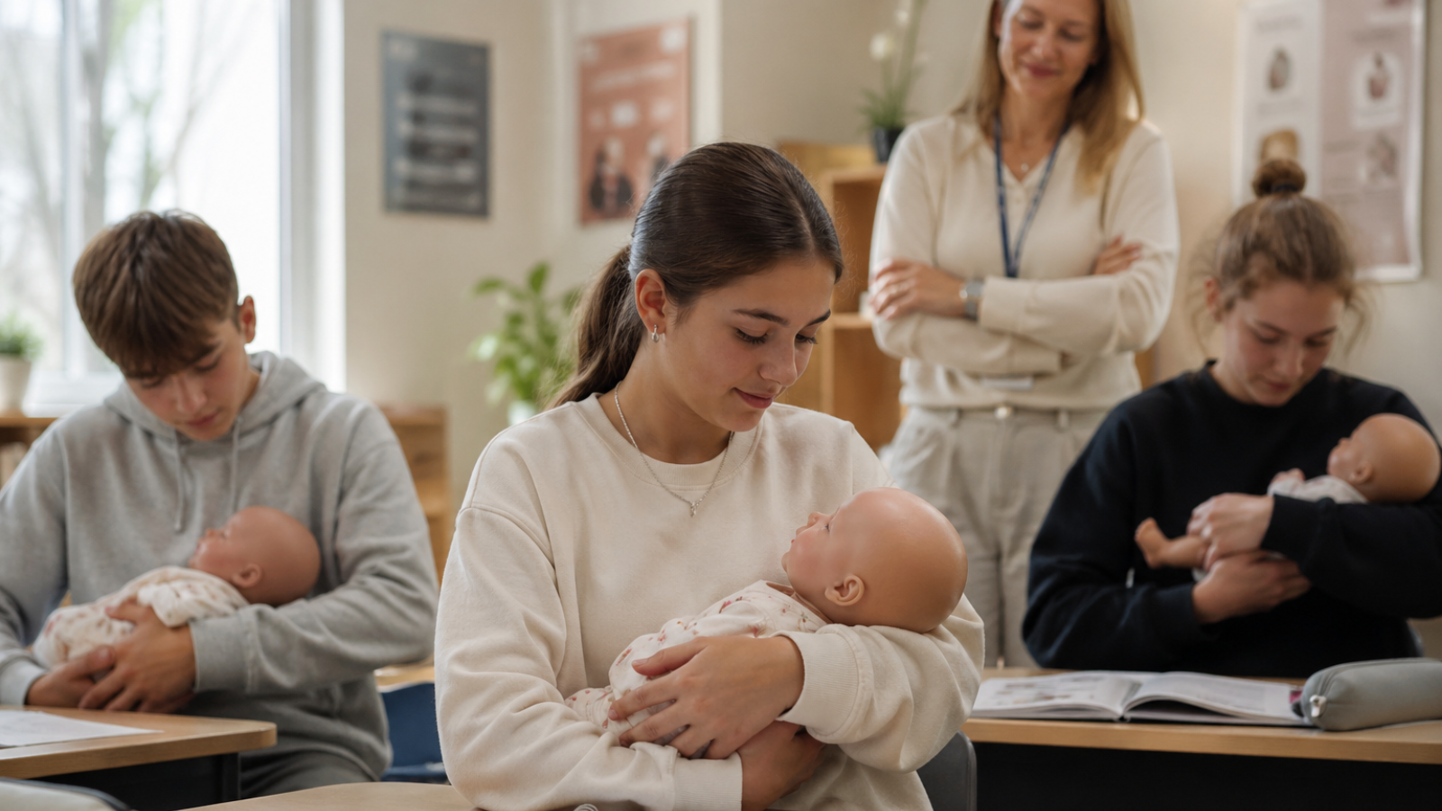 Educational dolls for schools used by students in a classroom for early parenting education