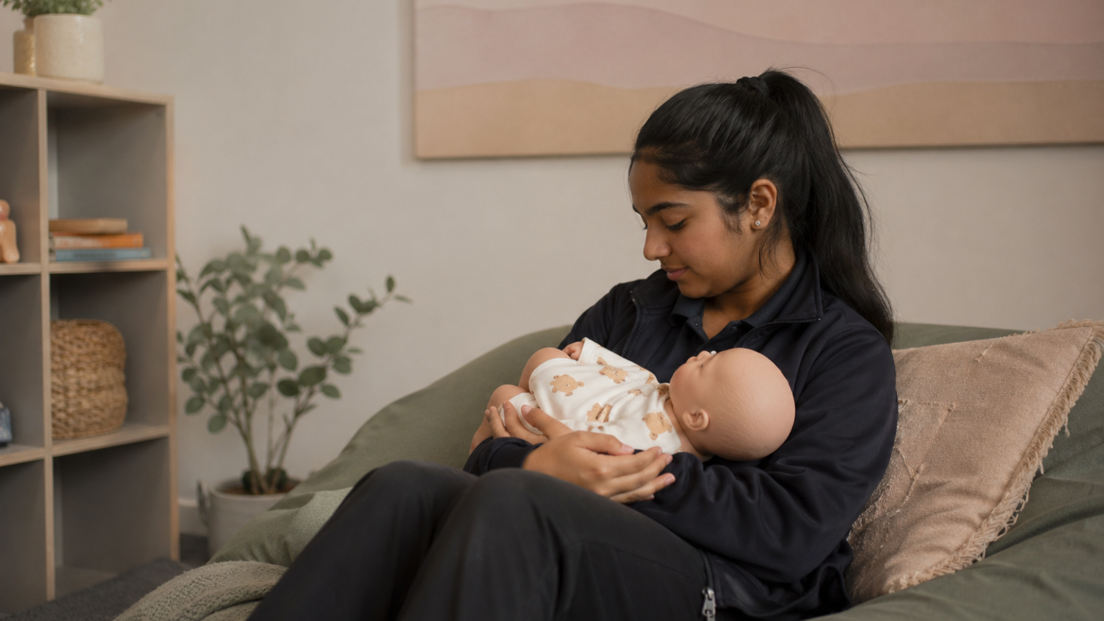 Student holding a realistic baby doll in a calm school setting for wellbeing and sensory support