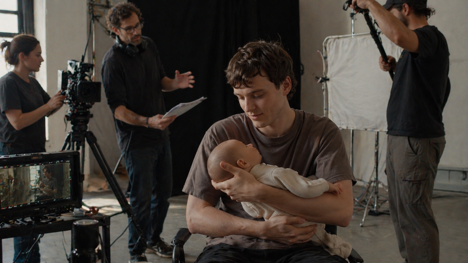 Actor holding a realistic silicone baby doll on a film set during production
