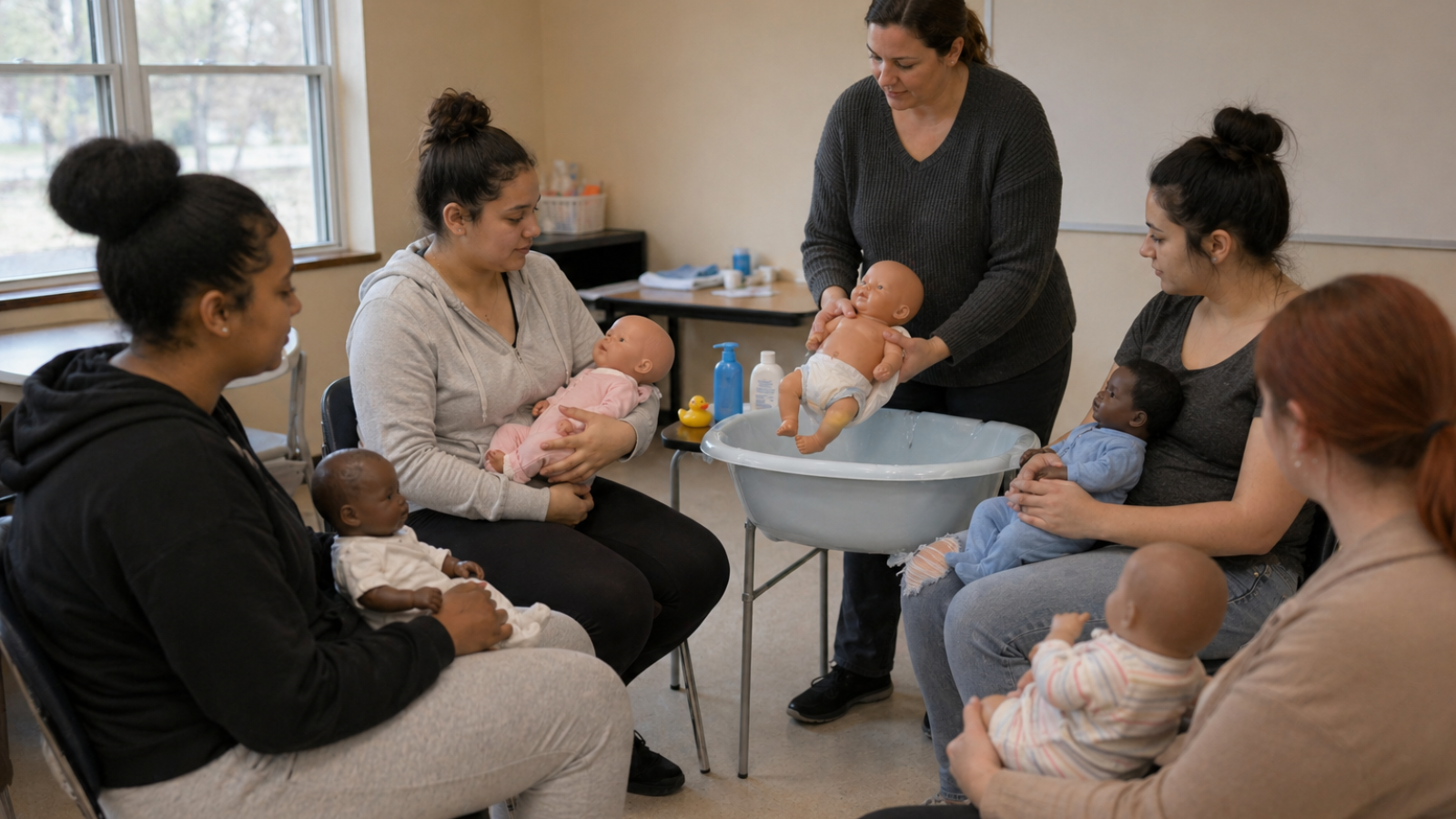 Young parent education group learning baby care using realistic dolls in a community setting
