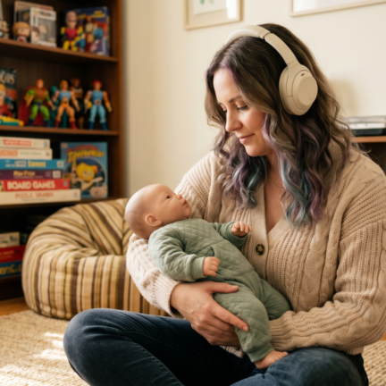 Woman holding a realistic weighted silicone baby at home, showing a calming and grounding comfort doll experience