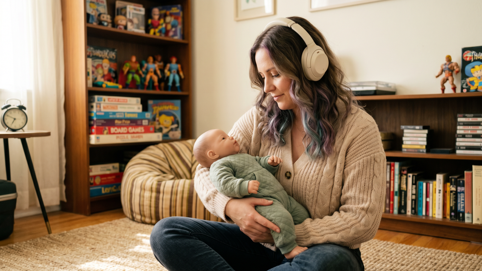 Woman holding a realistic weighted silicone baby at home, showing a calming and grounding comfort doll experience