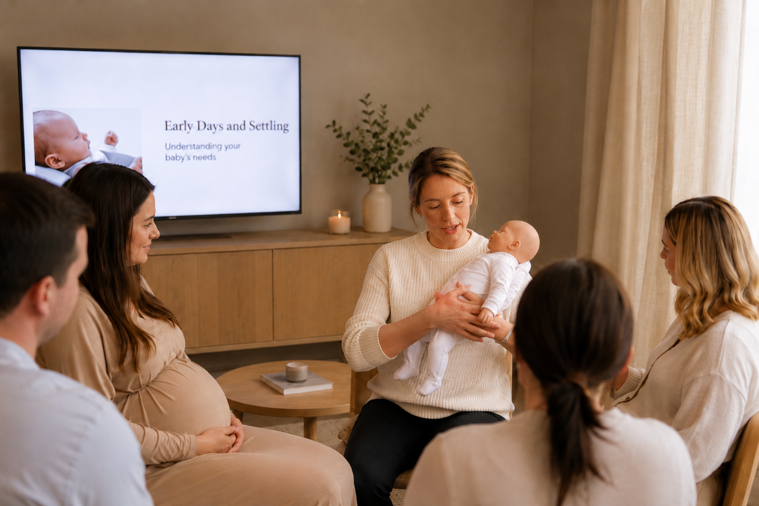 Childbirth educator demonstrating newborn handling with a realistic silicone baby doll during an early parenting education class in Australia