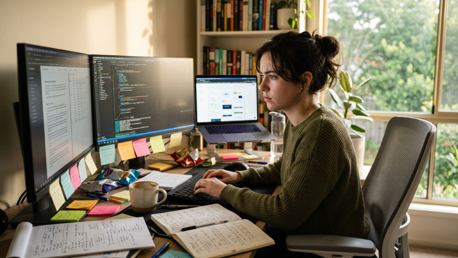 Young adult deeply focused on work while experiencing ADHD hyperfocus at a home office.