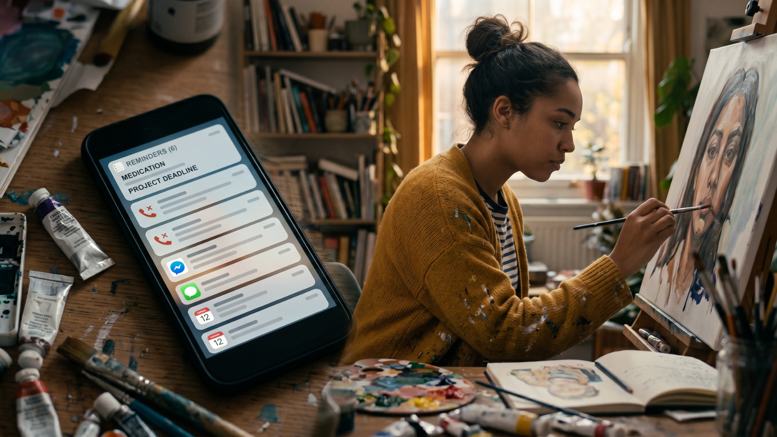 Smartphone notifications and reminders displayed while a person remains deeply focused on a creative task.