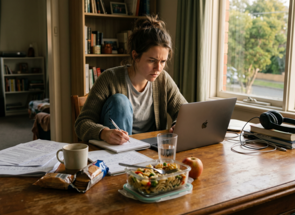 Young adult deeply focused on work while an untouched lunch sits nearby.