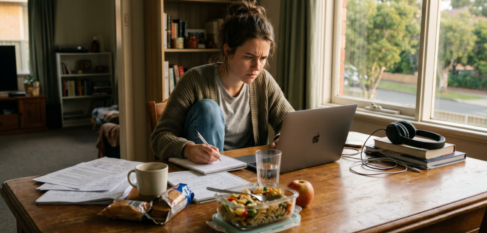 adhd-time-blindness-forgot-lunch Young adult deeply focused on work while an untouched lunch sits nearby.
