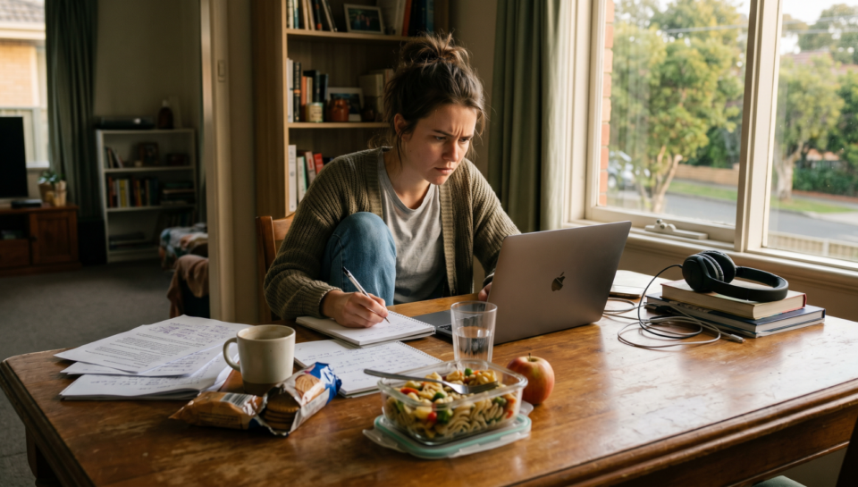 Young adult deeply focused on work while an untouched lunch sits nearby.