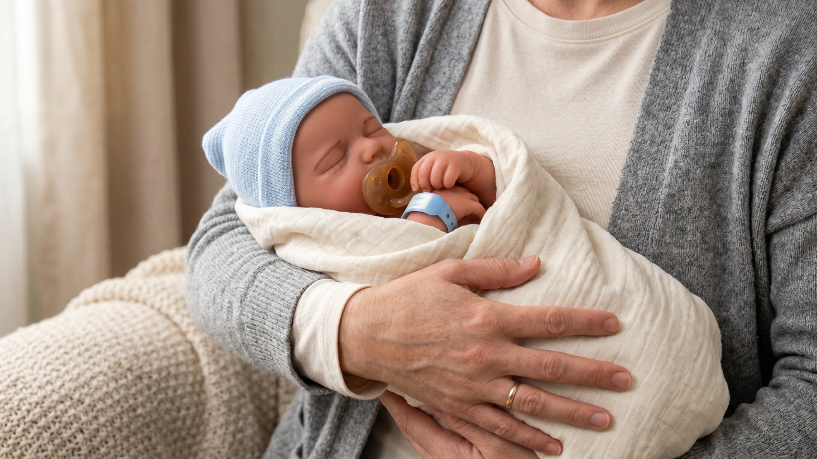 Adult holding a realistic full body silicone baby doll wrapped in a blanket.
