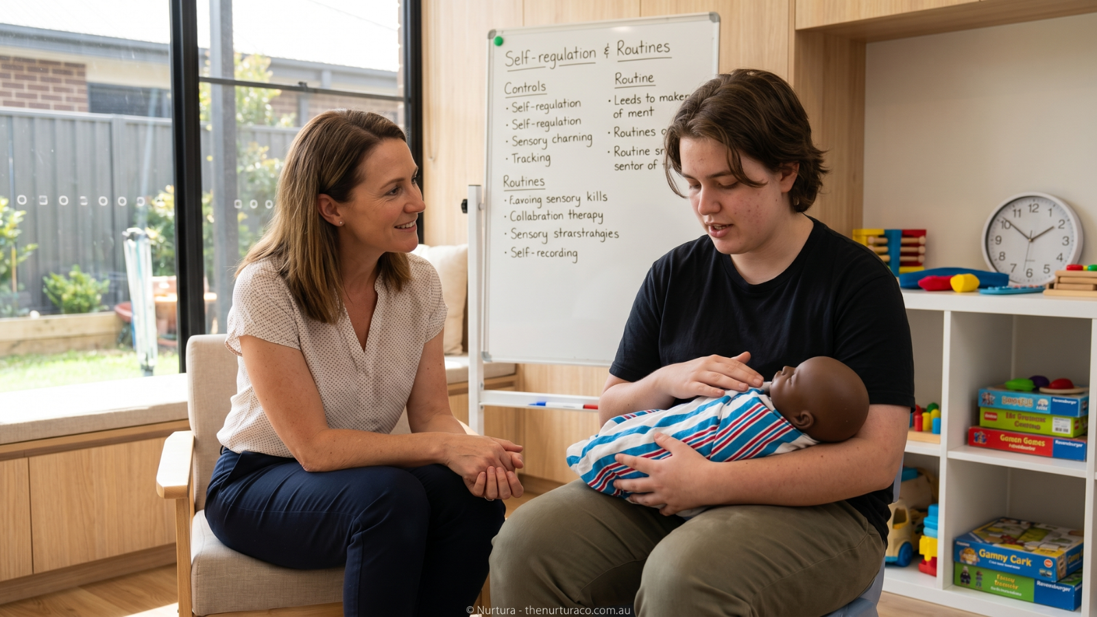 Occupational therapist discussing transition strategies with a client holding a realistic weighted baby doll.