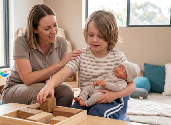 occupational-therapy-sensory-regulation-weighted-doll Occupational therapist supporting a child using a realistic weighted doll as part of sensory regulation activities.