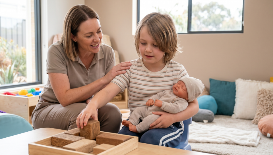 Occupational therapist supporting a child using a realistic weighted doll as part of sensory regulation activities.