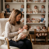 Woman holding a realistic baby doll while surrounded by a reborn doll collection.