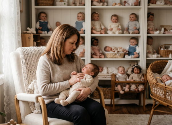 Woman holding a realistic baby doll while surrounded by a reborn doll collection.