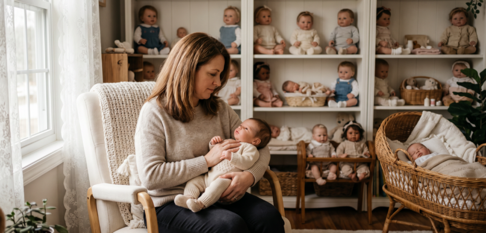 Woman holding a realistic baby doll while surrounded by a reborn doll collection.