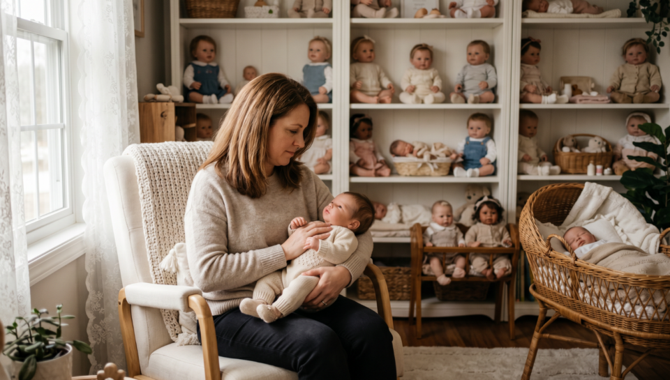 Woman holding a realistic baby doll while surrounded by a reborn doll collection.