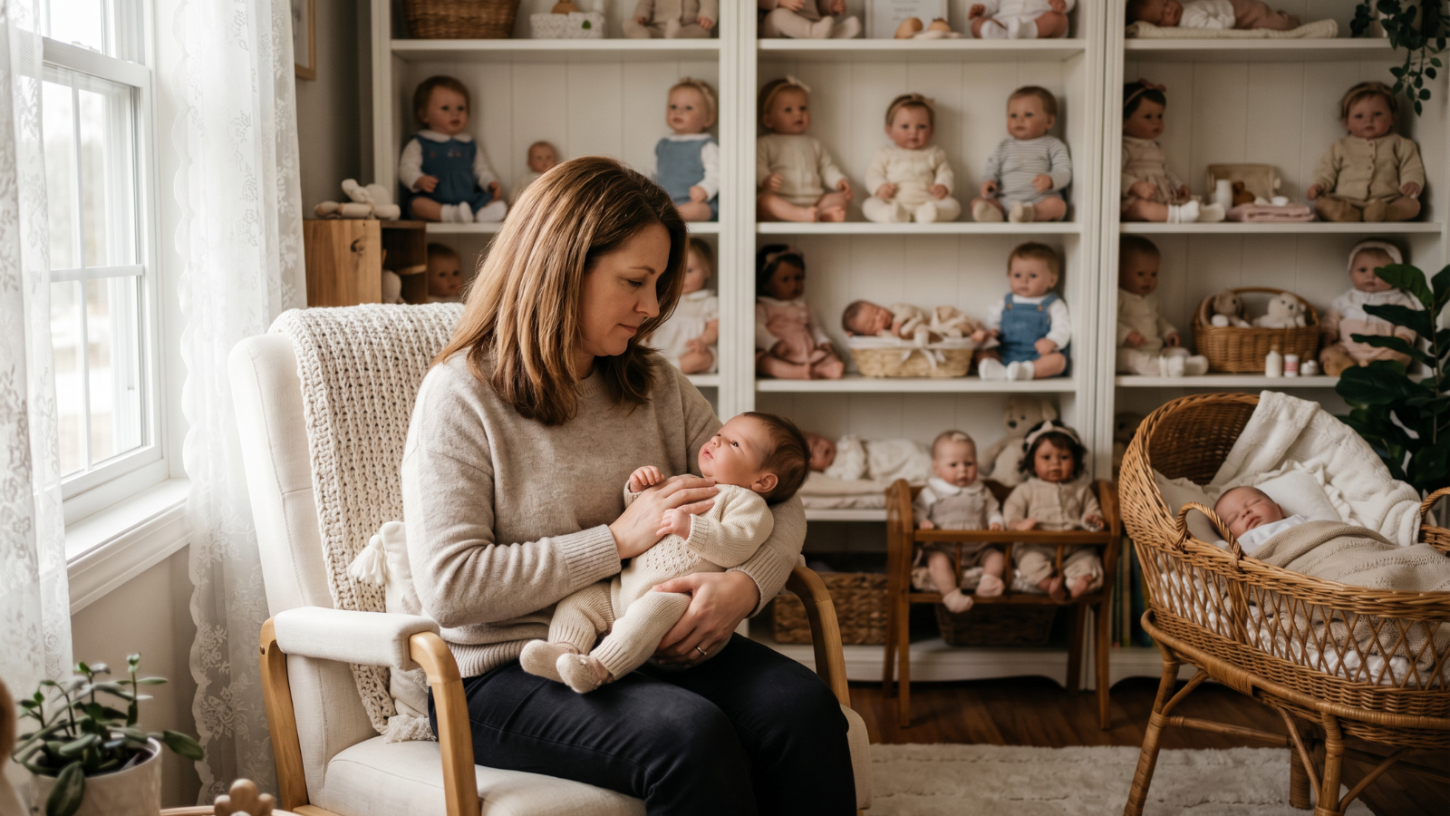 Woman holding a realistic baby doll while surrounded by a reborn doll collection.