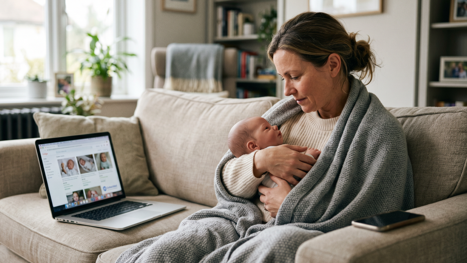 Woman holding a realistic baby doll while browsing reborn doll listings online.