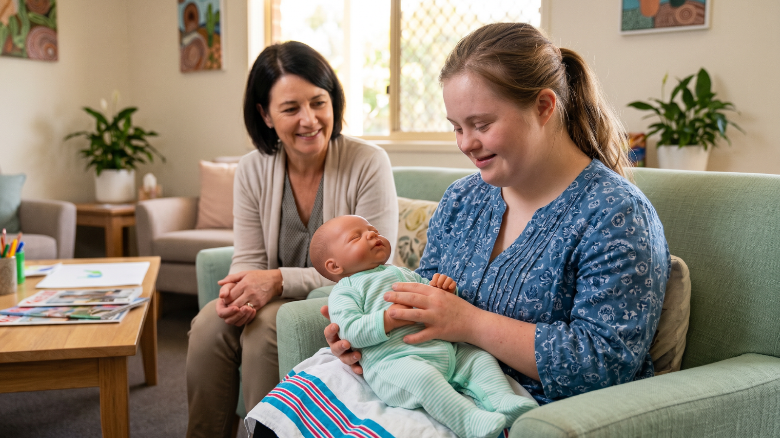 Young adult holding a realistic weighted reborn doll during a sensory regulation and disability support session.