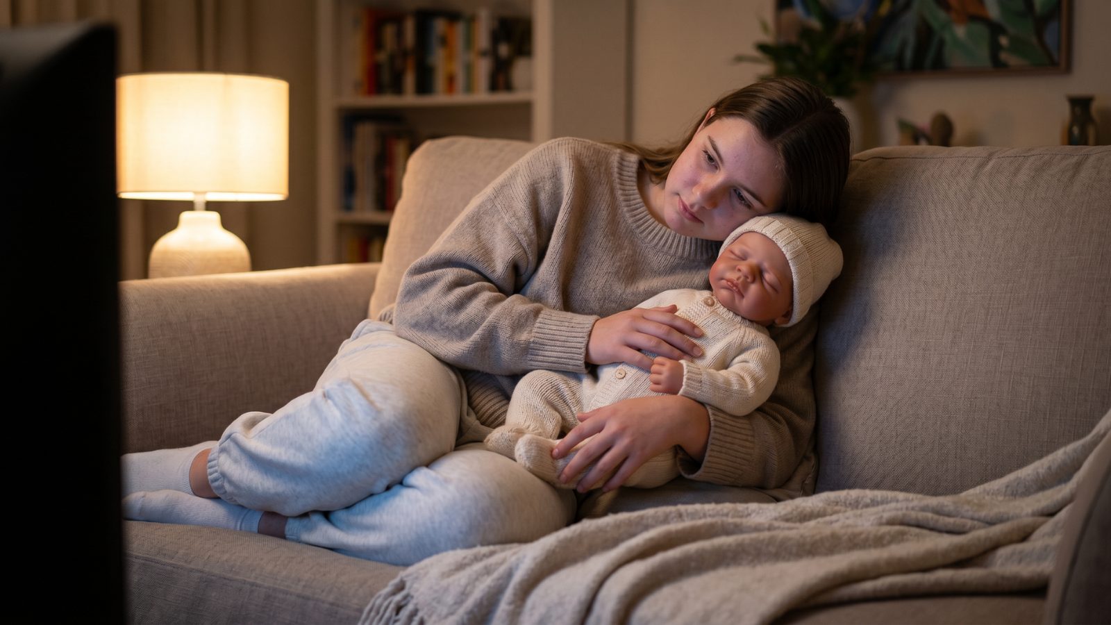 Teenager relaxing on a couch while holding a realistic weighted doll and watching a movie