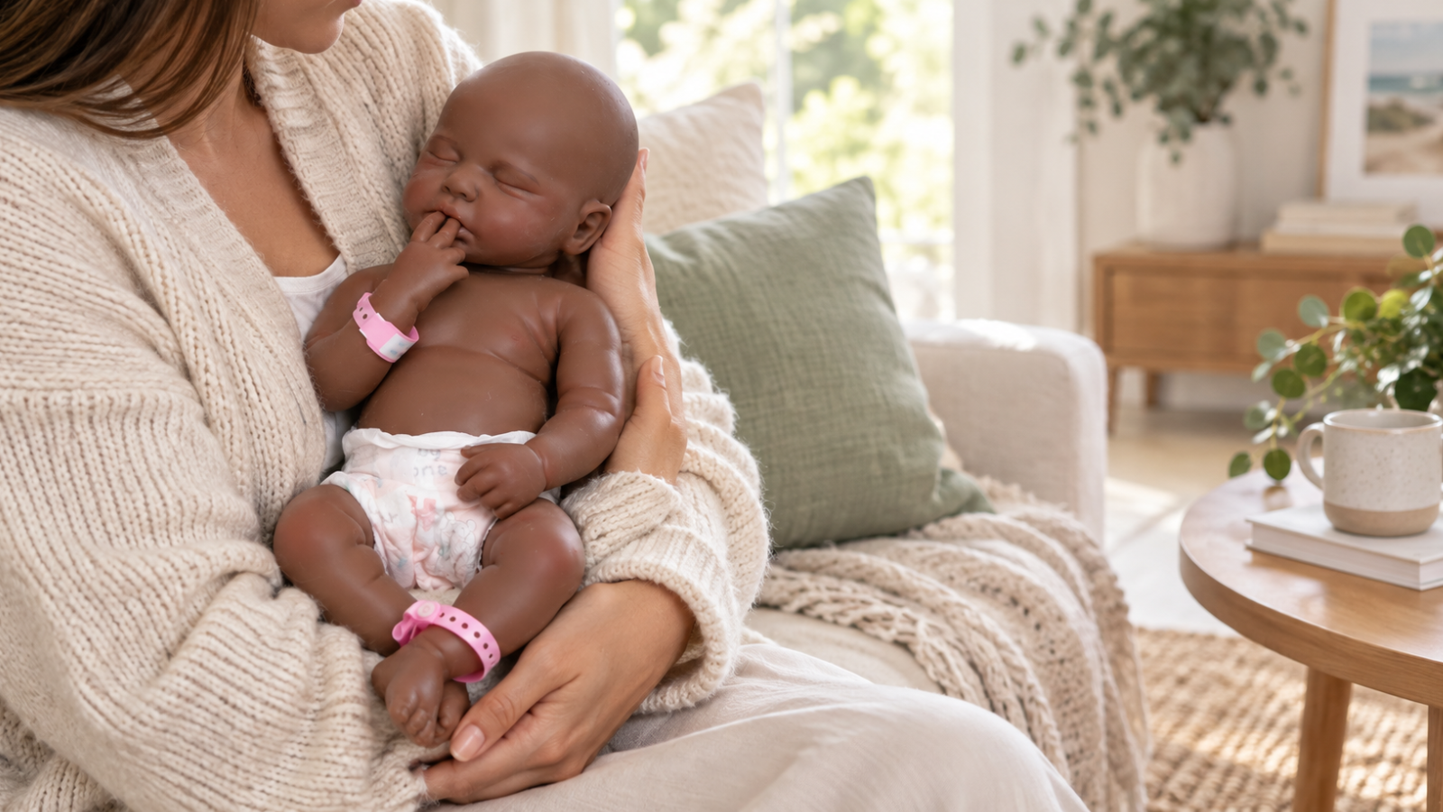 Person gently holding a realistic reborn doll while building a calm connection