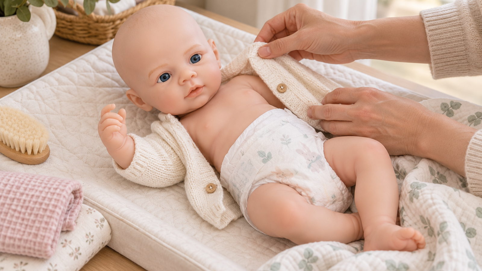 Tasteful arrival-day role-play setup for a realistic silicone doll